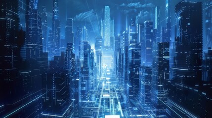 Obraz premium Futuristic Cityscape at Night with Neon Lights and Skyscrapers