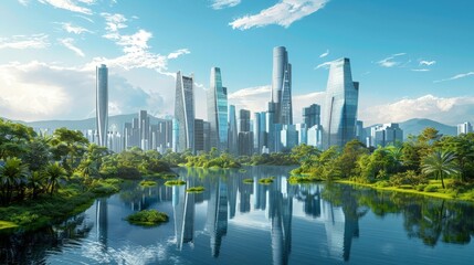 Futuristic City Skyline with Reflection on Water, Surrounded by Greenery and Mountains