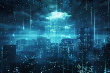 Fototapeta premium Urban Skyline with Futuristic Lighting and Digital Overlay