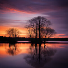 Obraz premium A quiet and surreal lake with reflections of trees peaceful scenery beautiful background 