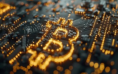 A glowing Bitcoin symbol on a circuit board, representing digital currency and technology.