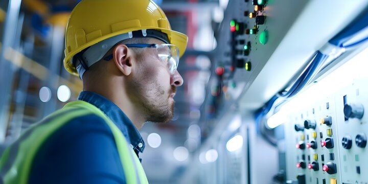 Electrical engineer using analytical software to model factory electrical loads. Concept Electrical Engineering, Analytical Software, Factory Electrical Loads, Modeling, Industrial Automation