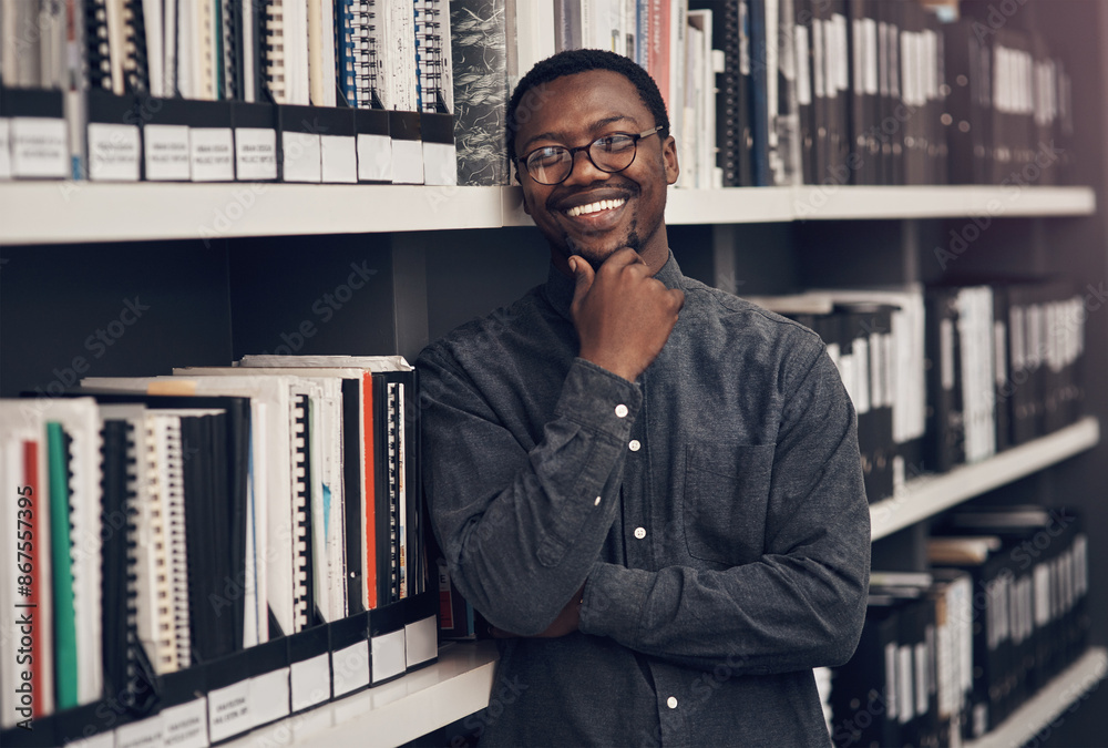 Poster Smile, professional and portrait of architect in office with information books by shelf at startup. Happy, pride and confident black man with architecture career working on industrial design project.