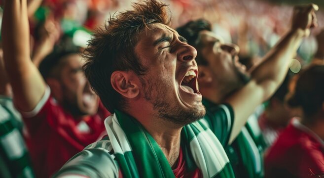 Excited Soccer Fan in Green and White Striped Scarf