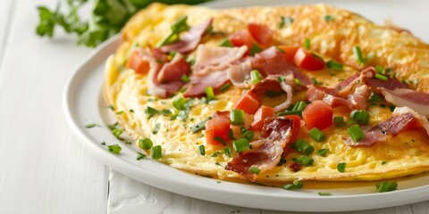 An omelette filled with a savory mix of cheeses veggies and meats. Concept Omelette Recipe, Savory Filling, Cheesy Delight, Vegetable Medley, Meat Lover's Delight