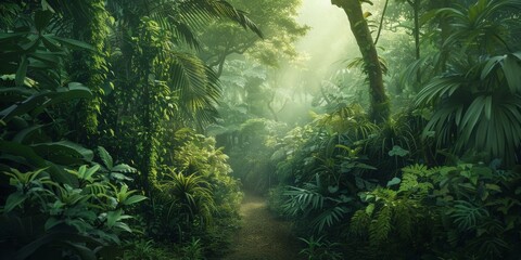 Tropical Rainforest Pathway: Sunlit Jungle Trail Amidst Lush Vegetation