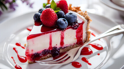 Delicious blueberry cake on white plate
