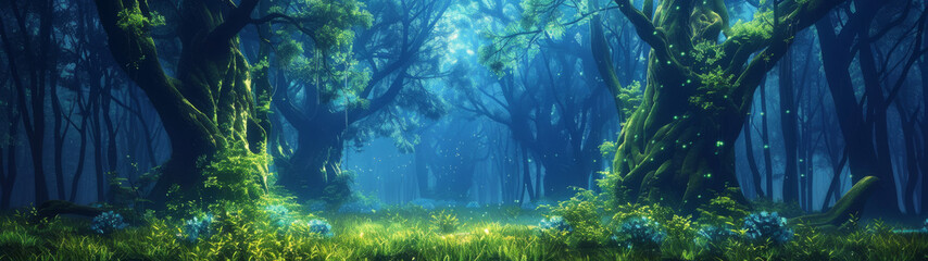 A fantasy forest dual monitor background, mystical and enchanting, towering ancient trees