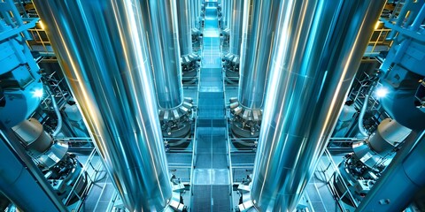 Hightech nuclear facility housing uranium enrichment machinery for energy production. Concept Nuclear Energy, Uranium Enrichment, High-tech Facility, Energy Production, Machinery