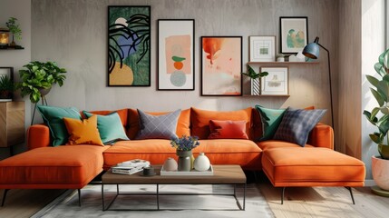 Modern Living Room Decor: Vibrant Orange Sofa with Colorful Pillows, Abstract Wall Art, and Plant Accents