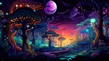 Fantasy landscape of glowing mushrooms in enchanted forest. Concept of magic, mystery, and dreams.