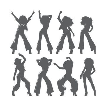 Silhouettes of three retro dancing woman, funk, soul and disco music - 60s, 70s style, Posing disco dancers isolated on white background. Hetero couple in party 1970s style clothing.