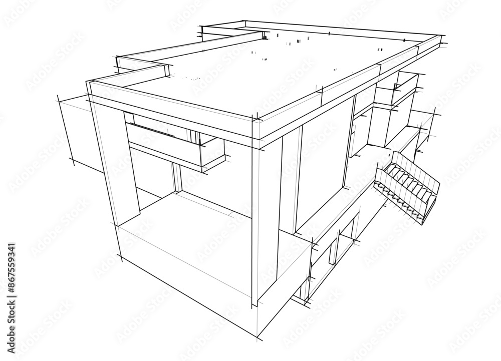 Wall mural house building sketch architecture 3d illustration