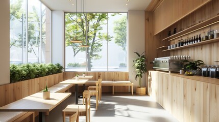 Serenity in Simplicity Modern and Minimalist Cafe Interior with Natural Light and Greenery