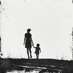 Silhouette of mother and child walking hand in hand, black and white