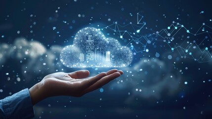 Digital Innovation Business Professional Presenting Holographic Cloud Icon with Data Elements and Cityscape Silhouettes on Dark Blue Background