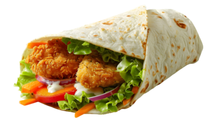  A delicious chicken schnitzel wrap filled with fresh vegetables and a creamy dressing, isolated on a transparent background 