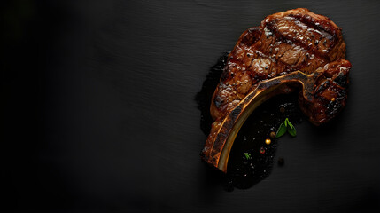 bone steak on black background and an empty area for text