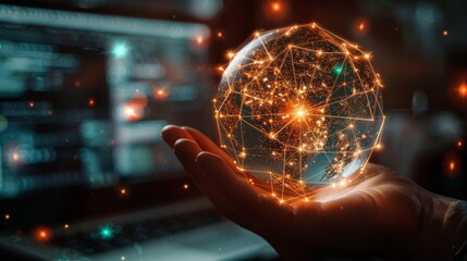 Global Connectivity Hand Holding Glowing Holographic Globe with Digital Network Symbols in Dark Office Setting