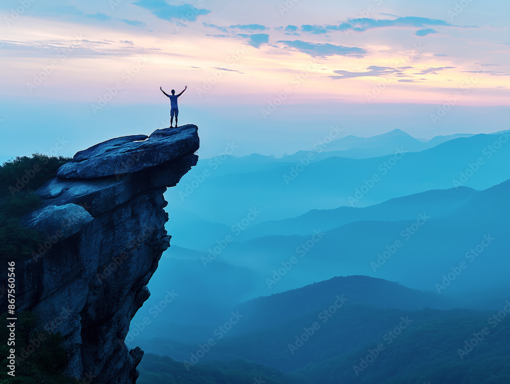 Poster person standing on a cliff edge with raised arms, scenic mountain view at twilight, concept of achie