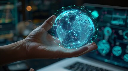Global Connectivity Hand Holding Glowing Holographic Globe with Digital Network Overlays in Dark Office Setting