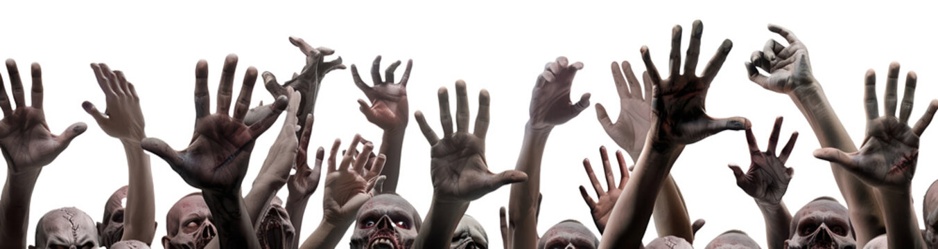 Zombie arms rise upward, isolated on a white background. chaotic nature of a zombie apocalypse, creating a haunting and dramatic scene.