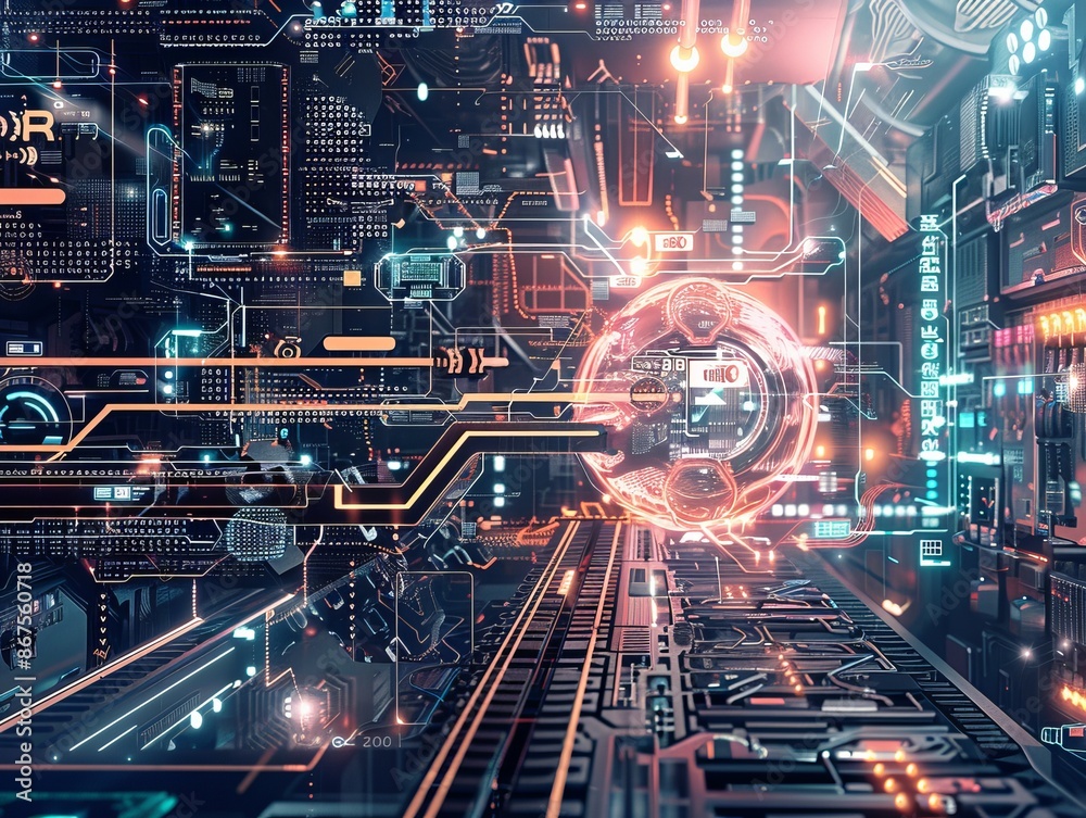 Canvas Prints Illustrating a highly detailed cyber technology concept, this image depicts advanced circuitry and neon lights, creating an abstract wallpaper and futuristic background scene