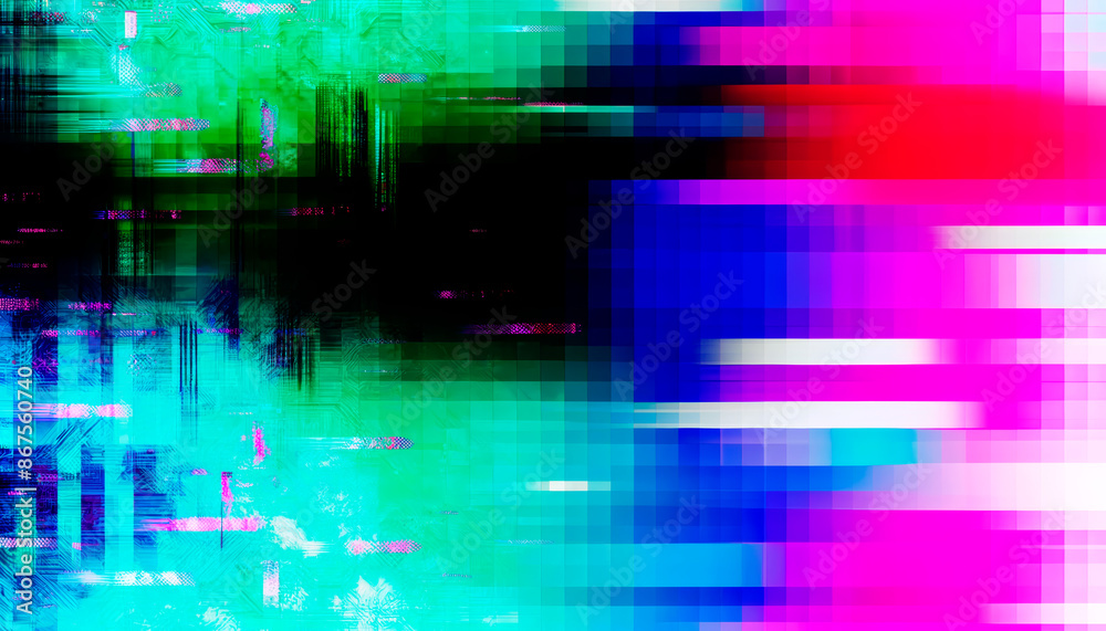 Poster a vibrant abstract digital artwork with overlapping geometric shapes in shades of blue and magenta o