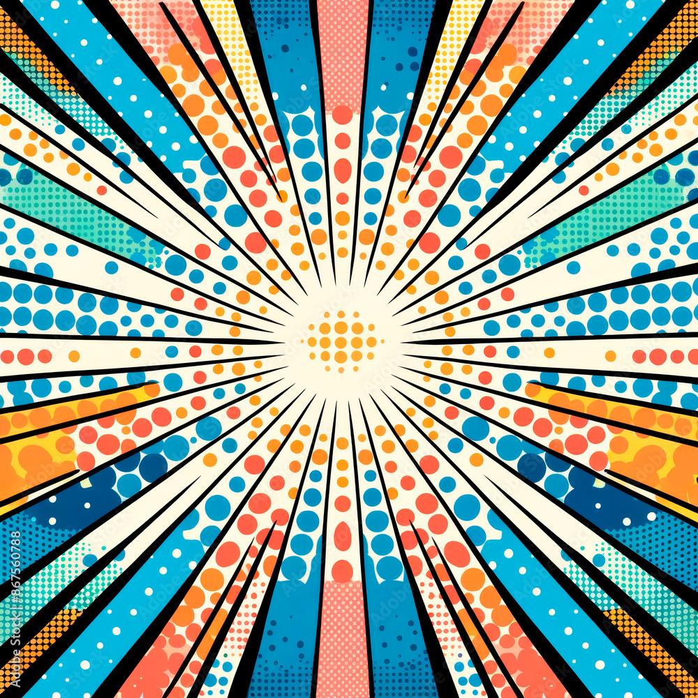 Aufkleber An abstract pattern with rays and dots in a pop art style, colorful background, concept of dynamic movement. Generative AI