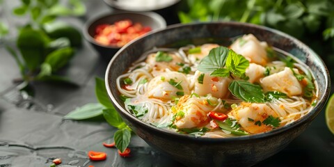 Vietnamese fish soup with vermicelli herbs lime served in deep bowl. Concept Pho Chua Ca, Vietnamese Cuisine, Noodle Soup, Fresh Herbs, Flavorful Broth