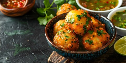 Brazilian Delight Fried Codfish Fritters with Zesty Lime Hot Sauce. Concept Codfish Fritters, Brazilian Cuisine, Zesty Lime Hot Sauce, Fried Delight, Flavorful Appetizer