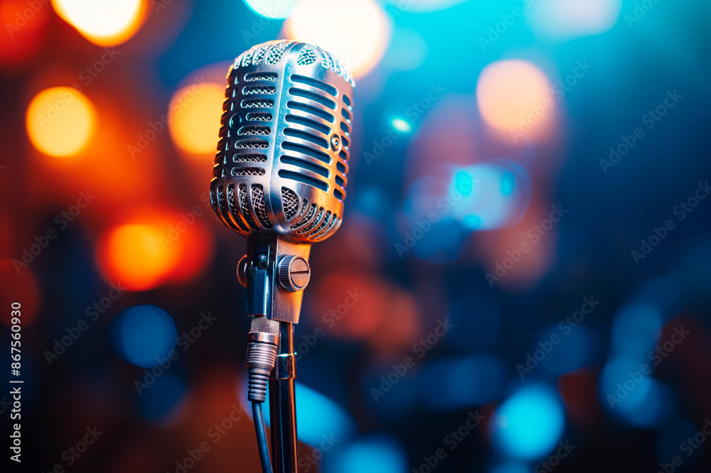 Aufkleber vintage microphone on stage with colorful bokeh lights in the background, concept of live music perf