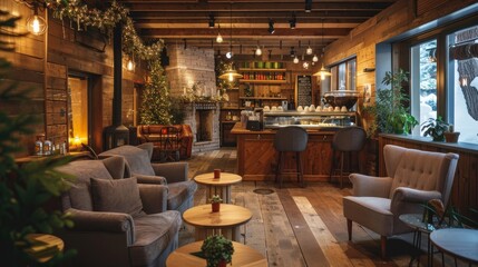 Warm Winter Retreat Cozy Coffee Shop Interior with Rustic Decor and Festive Touches