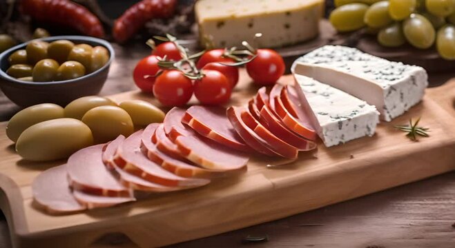 Slices of cured meat and cheese from traditional Spanish tapas on a wooden board with olives and breadsticks