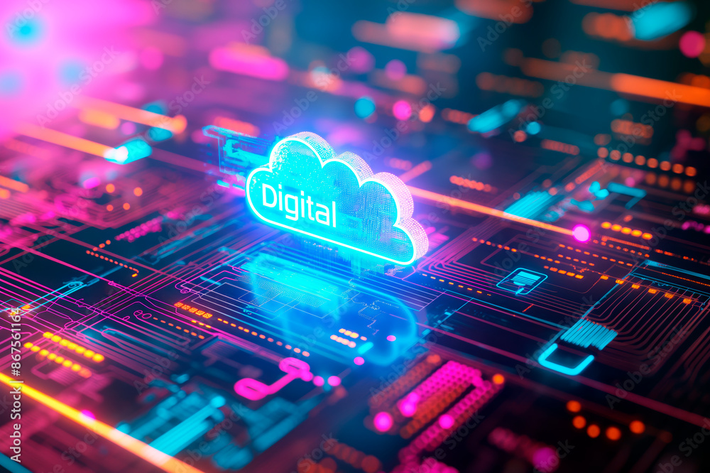 Poster a colorful digital cloud concept above a circuit board, with a neon cyberpunk aesthetic on a dark ba