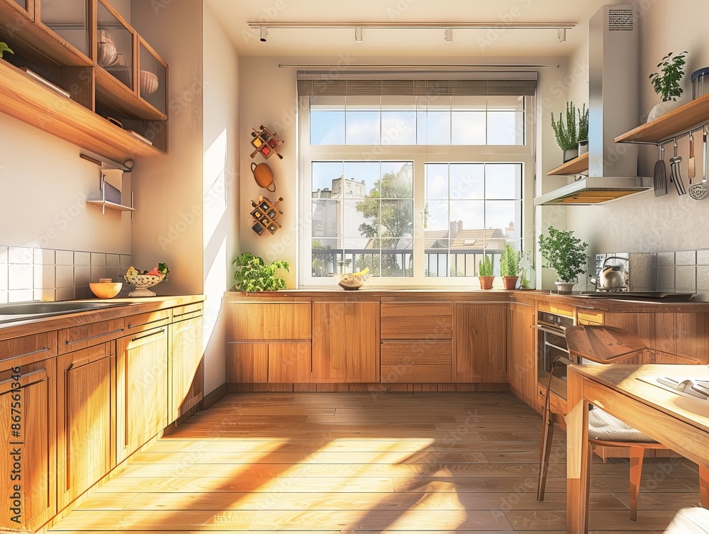 Poster This bright scene showcases a modern kitchen interior as a high-quality wallpaper or background for a best-seller home design illustration