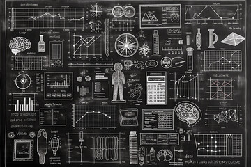Various scientific and educational diagrams on a chalkboard background, depicting a creative concept in education. Generative AI