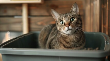 Tabby cat in automatic litter box with quirky gaze