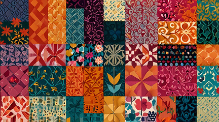 Create a vibrant patchwork quilt illustration using a mix of traditional and modern fabric patterns