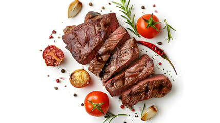 roasted beef steak with vegetables isolated on white background