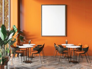 This scene features a well-lit interior space with a vibrant orange background, plants, and white tables, serving as an ideal wallpaper or illustration