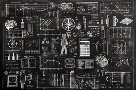 Various scientific and educational diagrams on a chalkboard background, depicting a creative concept in education. Generative AI