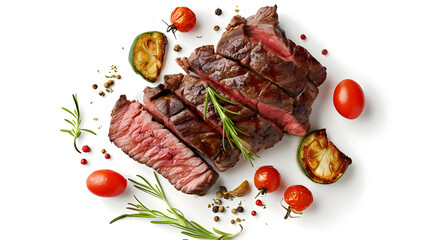 roasted beef steak with vegetables isolated on white background