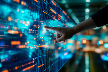 A hand interacting with a large digital display showing graphs and data, with a blurred technological background, concept of data analysis. Generative AI