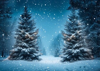 Snowy Christmas Trees with Twinkling Lights, Winter Night Scene