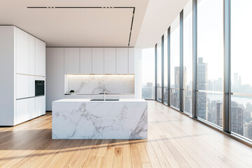Modern kitchen interior with marble elements, wooden floor, large windows, and a city skyline view. Generative AI
