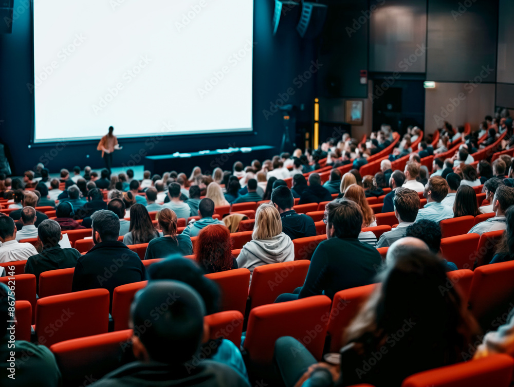 Poster audience sitting in red chairs at a conference with a speaker presenting, indoor setting, concept of