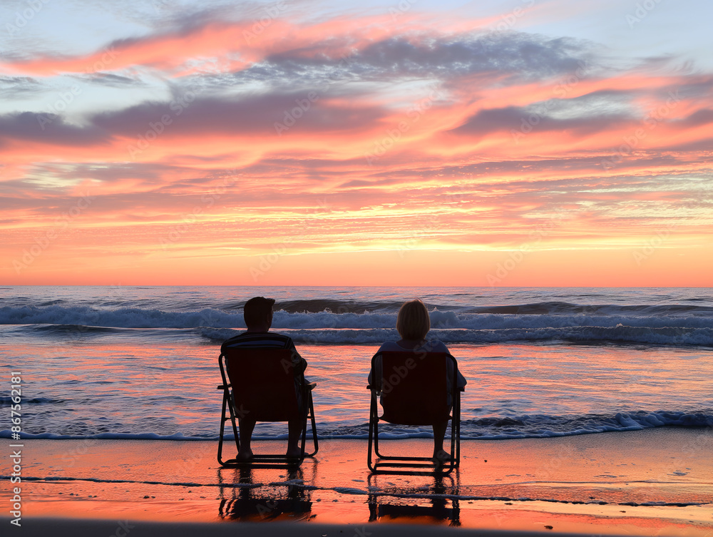 Poster two people sitting on chairs facing the ocean at sunset, capturing the concept of relaxation and tra