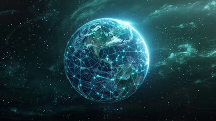 Obraz premium Global Network Futuristic Earth Visualization with Vibrant Digital Overlay in Starry Space Background
