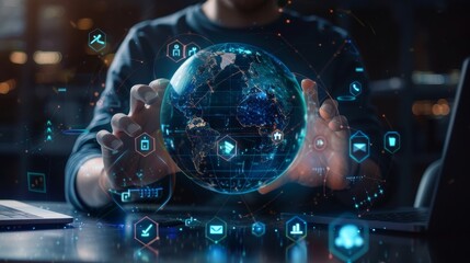 Digital World Explorer Futuristic Businessman with Holographic Globe and Icons